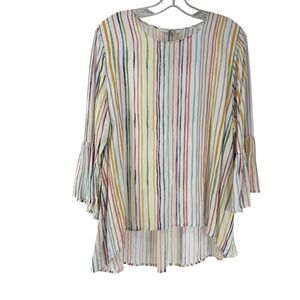 La Roque Silk Blend Top One Size Ruffle 3/4 Length Sleeve Colorful Striped Artsy